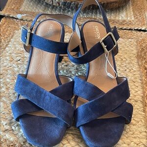 Geox Navy Suede Crisscross Strap Block Heel Sandals
